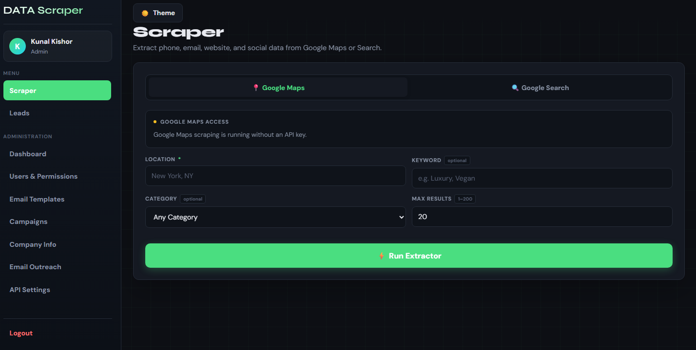 DataScraper Admin Dashboard - Python Lead Generation Tool